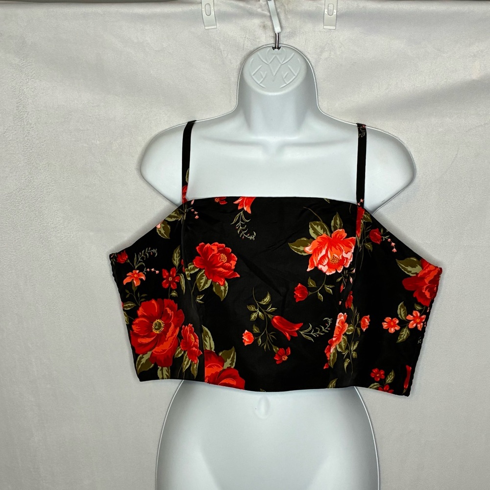 NWT Black Floral Tafetta Square Neck Crop Top size Extra Large
